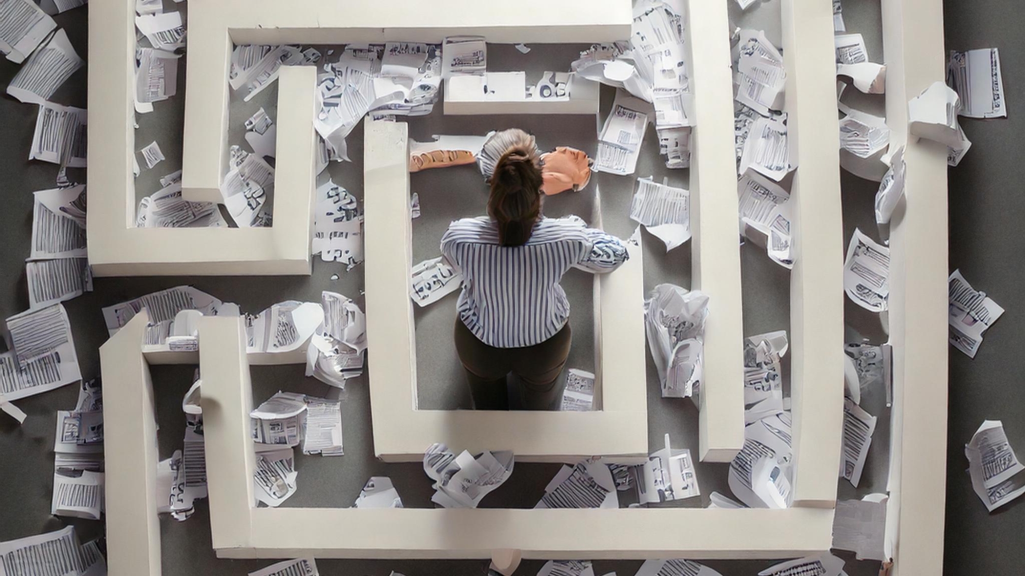 Firefly maze labyrint made from office papers, woman person in it trying to find the way out 76706