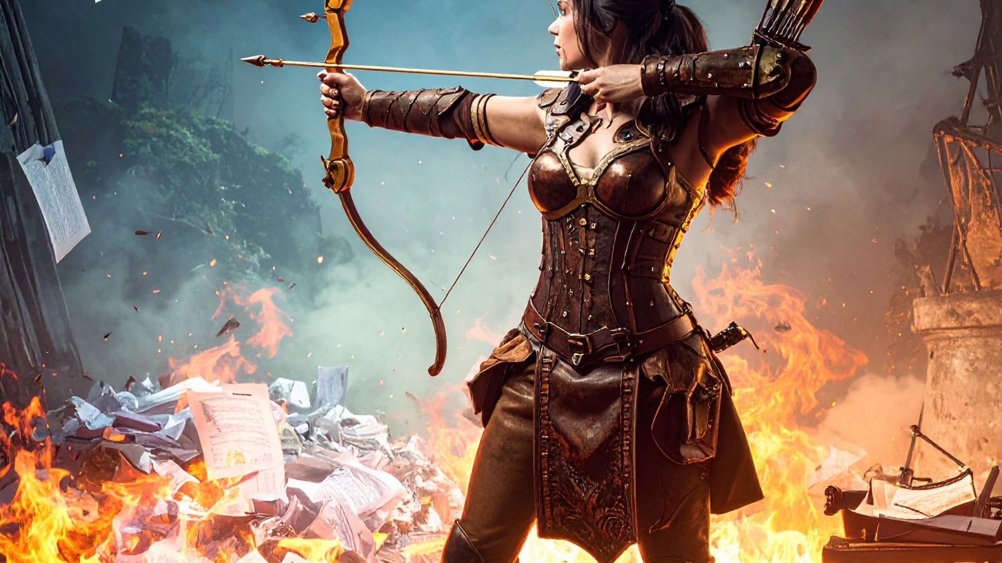 Firefly_A hyper-realistic photograph of an archer aiming his bow towardsa dark target behind 552811